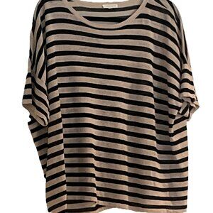 Eileen Fisher Woman Black and Beige Striped Round Neck Sweater Top Sz XL Linen